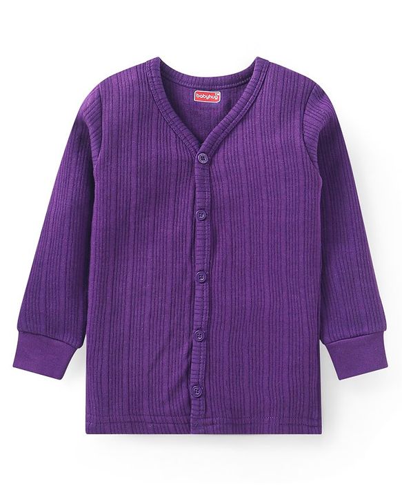 Babyhug Full Sleeves Front Open  Thermal Vest & Pant Set Solid Colour - Purple