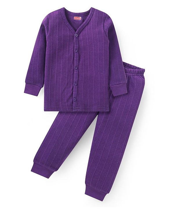Babyhug Full Sleeves Front Open  Thermal Vest & Pant Set Solid Colour - Purple