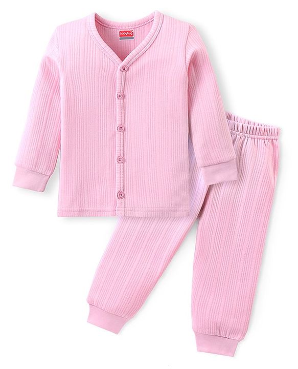 Babyhug Cotton Full Sleeves Thermal Vest and Pant Set Solid - Pink
