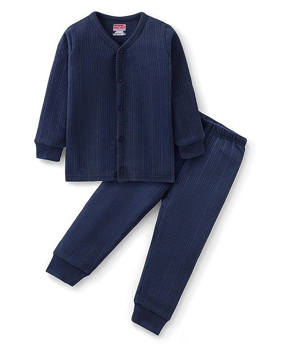 Babyhug Full Sleeves Solid Thermal Vest & Pant - Navy Blue