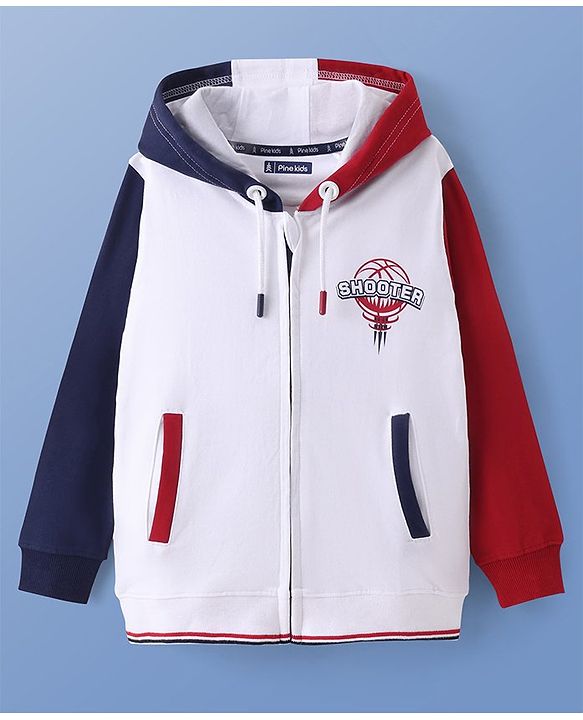 Pine Kids Cotton Knit Full Sleeves Front Open Hooded Sweatjacket With Ball Design - White