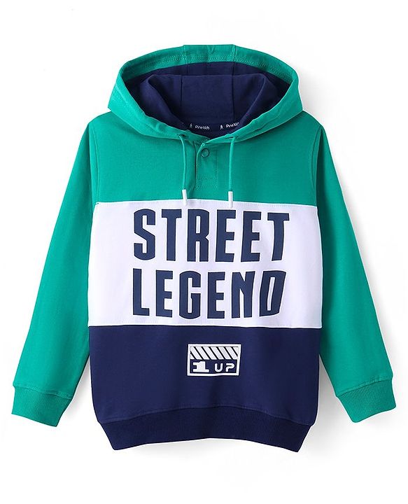 Pine Kids Cotton Full Sleeves Hooded Sweatshirt with Text Print - Sea Green