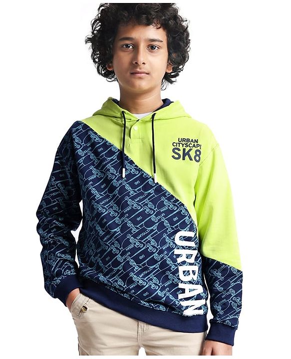 Pine Kids Cotton Knit Full Sleeves Hooded Sweatshirt With Abstract & Text Print- Blue & Neon Green
