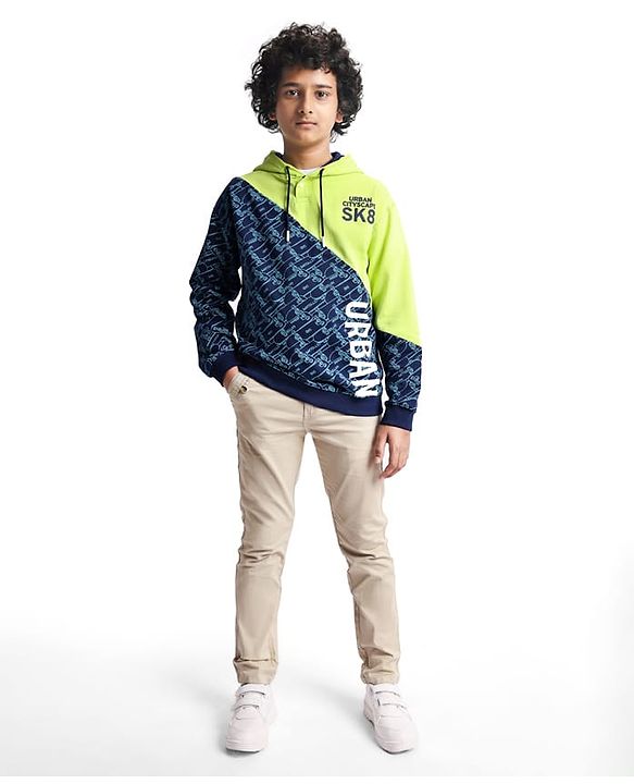 Pine Kids Cotton Knit Full Sleeves Hooded Sweatshirt With Abstract & Text Print- Blue & Neon Green