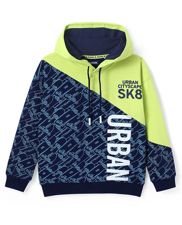 Pine Kids Cotton Knit Full Sleeves Hooded Sweatshirt With Abstract & Text Print- Blue & Neon Green