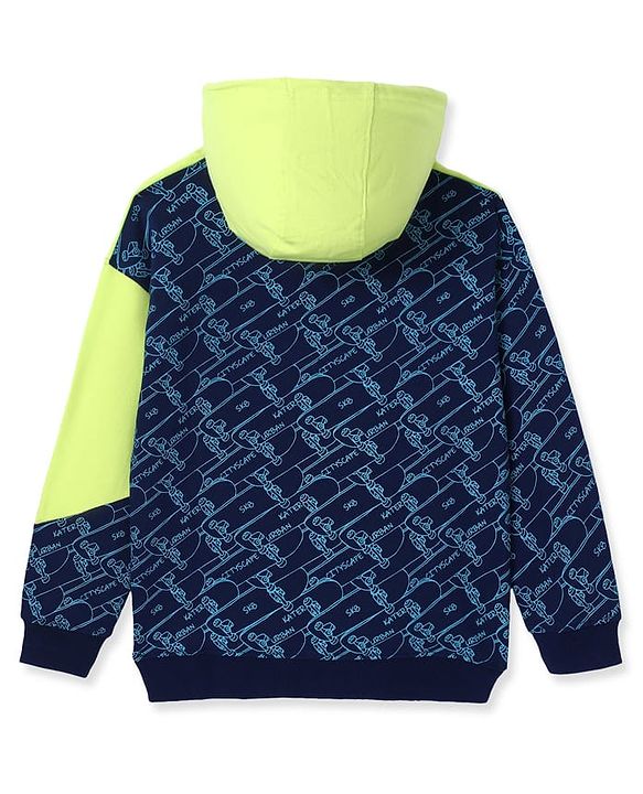 Pine Kids Cotton Knit Full Sleeves Hooded Sweatshirt With Abstract & Text Print- Blue & Neon Green
