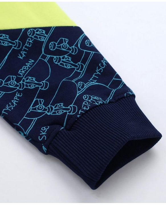 Pine Kids Cotton Knit Full Sleeves Hooded Sweatshirt With Abstract & Text Print- Blue & Neon Green
