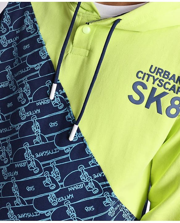 Pine Kids Cotton Knit Full Sleeves Hooded Sweatshirt With Abstract & Text Print- Blue & Neon Green