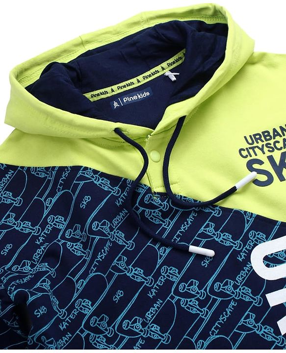 Pine Kids Cotton Knit Full Sleeves Hooded Sweatshirt With Abstract & Text Print- Blue & Neon Green