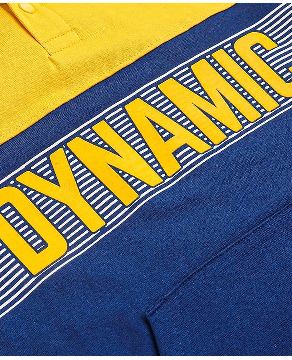 Pine Kids Cotton Knit Full Sleeves Hooded Sweatshirt with Cut & Sew Design & Text Print - Yellow & Navy Blue