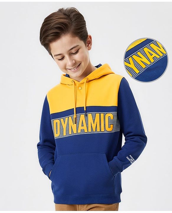 Pine Kids Cotton Knit Full Sleeves Hooded Sweatshirt with Cut & Sew Design & Text Print - Yellow & Navy Blue