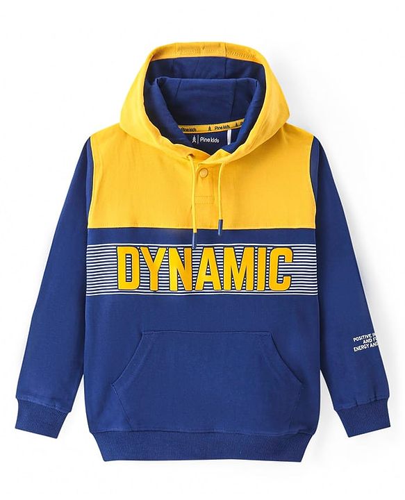Pine Kids Cotton Knit Full Sleeves Hooded Sweatshirt with Cut & Sew Design & Text Print - Yellow & Navy Blue