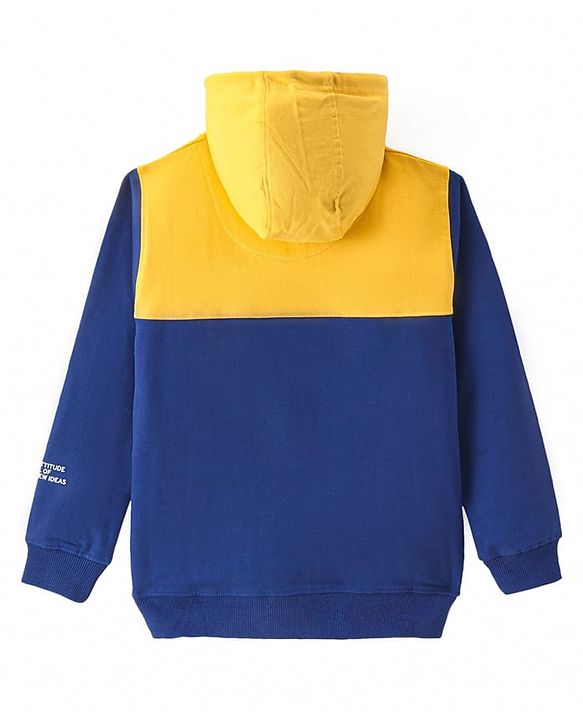 Pine Kids Cotton Knit Full Sleeves Hooded Sweatshirt with Cut & Sew Design & Text Print - Yellow & Navy Blue