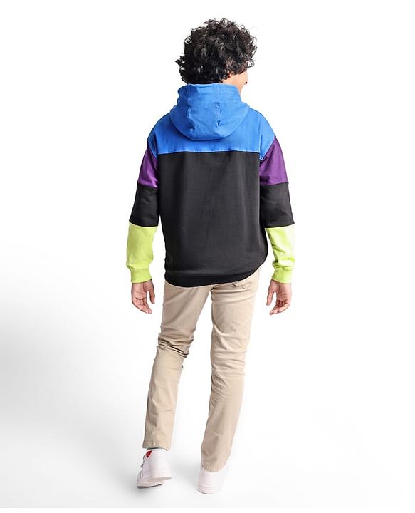 Pine Kids Cotton Knit Full Sleeves Text Printed Colour Block Hooded Sweatshirt - Blue
