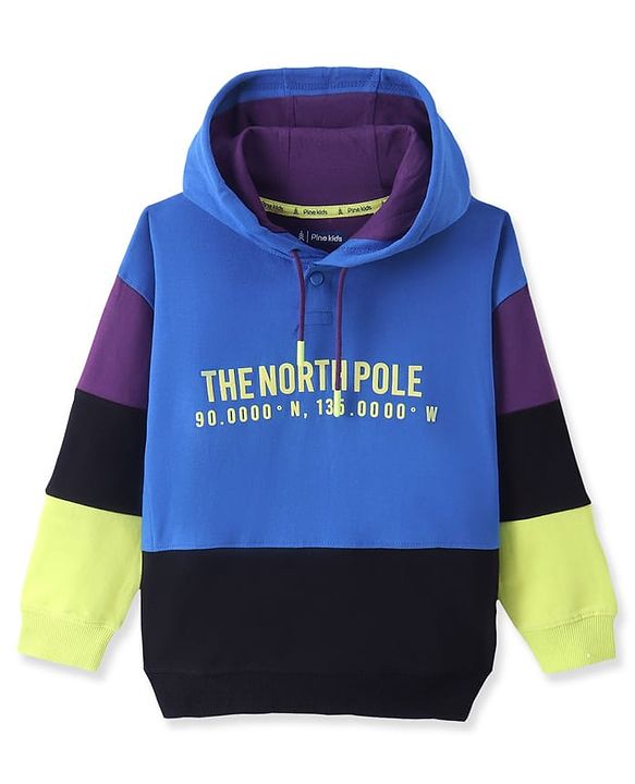 Pine Kids Cotton Knit Full Sleeves Text Printed Colour Block Hooded Sweatshirt - Blue