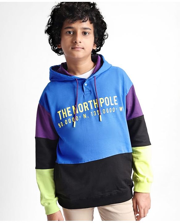 Pine Kids Cotton Knit Full Sleeves Text Printed Colour Block Hooded Sweatshirt - Blue