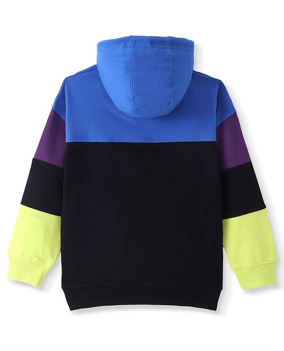 Pine Kids Cotton Knit Full Sleeves Text Printed Colour Block Hooded Sweatshirt - Blue