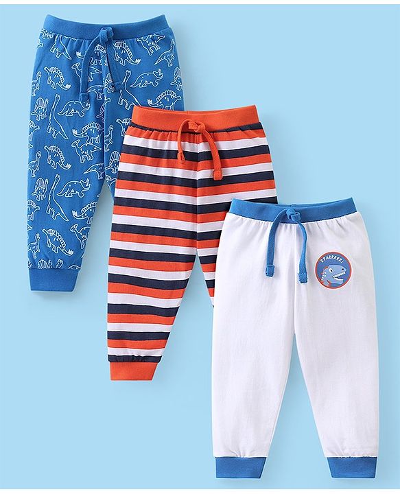 Babyhug Cotton Knit Full Length Striped  Lounge Pants with Dino Print Pack of 3 - Multicolour