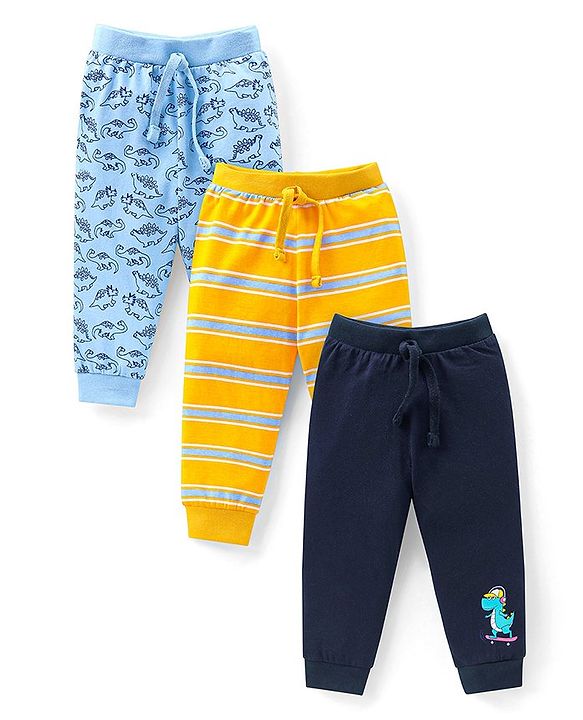 Babyhug Cotton Knit Full Length Lounge Pants With Stripes & Dinosaurs Print Pack Of 3 - Blue Yellow & Navy