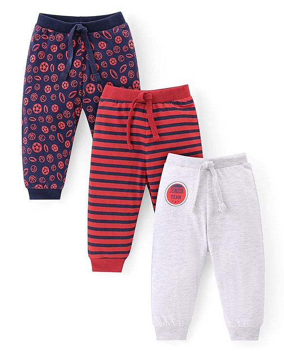 Babyhug Cotton Knit Full Length Lounge Pants With Stripes & Sports Print Pack of 3 - Navy Blue Red & White