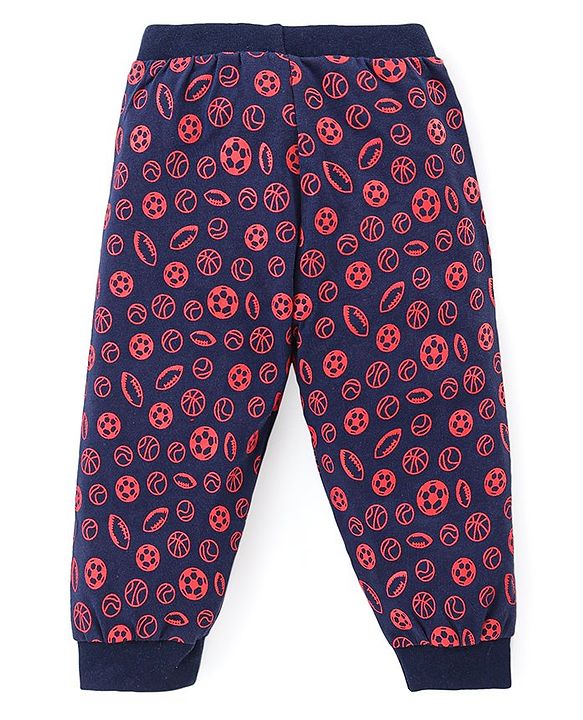 Babyhug Cotton Knit Full Length Lounge Pants With Stripes & Sports Print Pack of 3 - Navy Blue Red & White