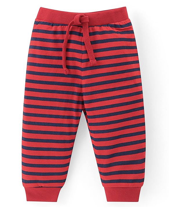 Babyhug Cotton Knit Full Length Lounge Pants With Stripes & Sports Print Pack of 3 - Navy Blue Red & White