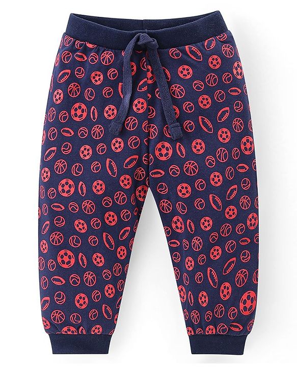 Babyhug Cotton Knit Full Length Lounge Pants With Stripes & Sports Print Pack of 3 - Navy Blue Red & White