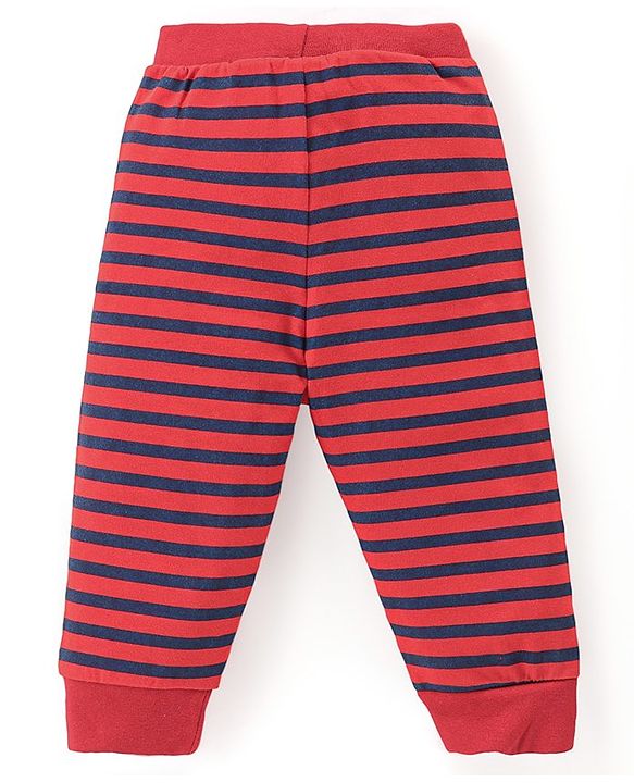 Babyhug Cotton Knit Full Length Lounge Pants With Stripes & Sports Print Pack of 3 - Navy Blue Red & White