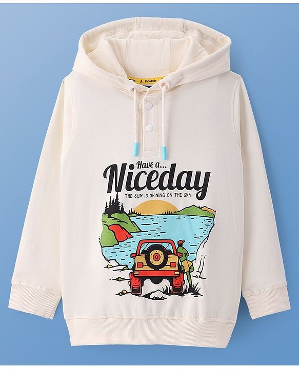Pine Kids Cotton Knit Full Sleeves Hooded Sweat Shirt With Car Print - White
