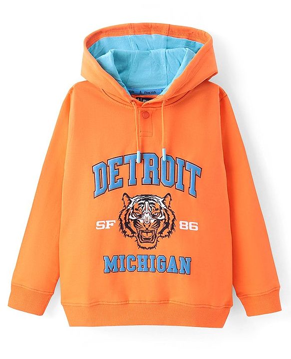 Pine Kids Cotton Knit Full Sleeves Hooded Sweatshirt  with Tiger Design - Orange