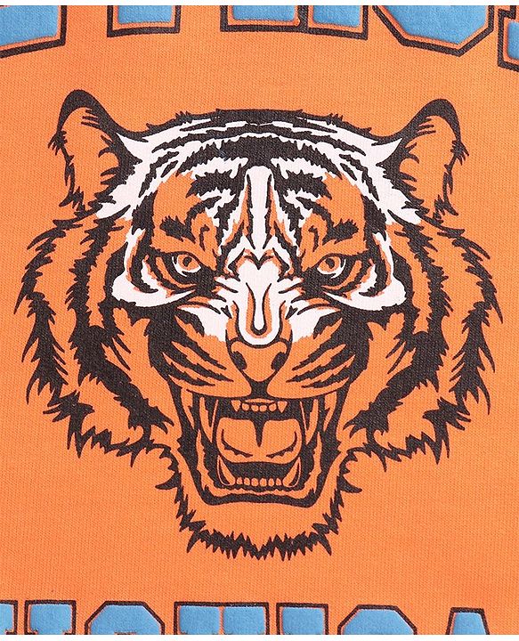 Pine Kids Cotton Knit Full Sleeves Hooded Sweatshirt  with Tiger Design - Orange