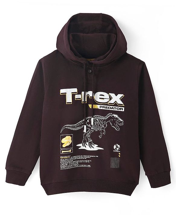 Pine Kids Cotton Knit Full Sleeves Hooded Sweatshirt with Dino Print - Brown
