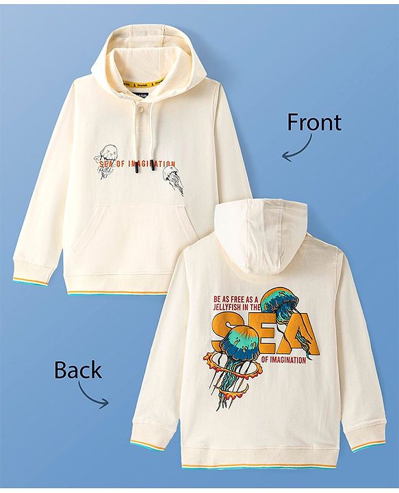 Pine Kids Cotton Knit Full Sleeves Hooded Sweatshirt with Front Back Jellyfish Print & Kangaroo Pockets - Off White