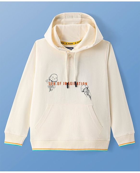 Pine Kids Cotton Knit Full Sleeves Hooded Sweatshirt with Front Back Jellyfish Print & Kangaroo Pockets - Off White