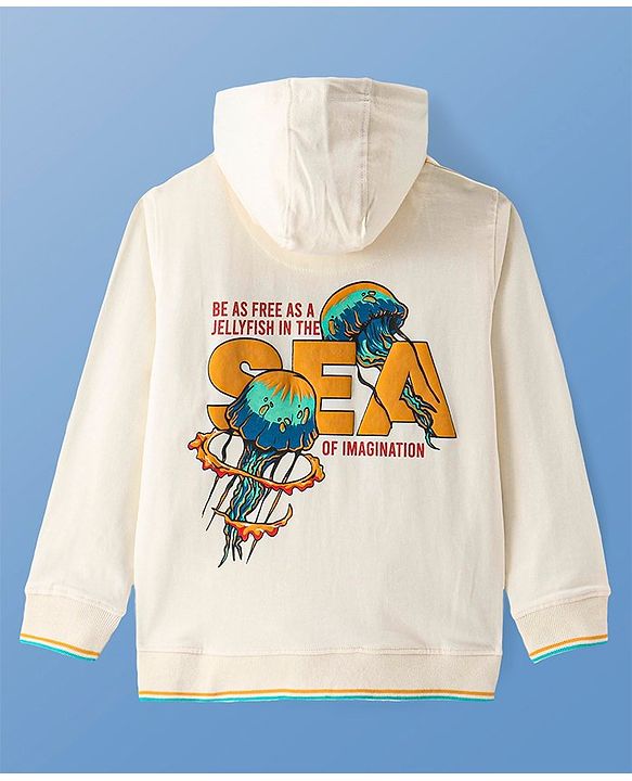 Pine Kids Cotton Knit Full Sleeves Hooded Sweatshirt with Front Back Jellyfish Print & Kangaroo Pockets - Off White