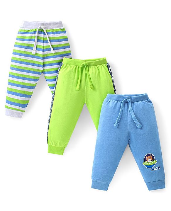 Babyhug Cotton Knit Full Length Lounge Pants with Stripes & Bear Print Pack of 3 - Green & Blue