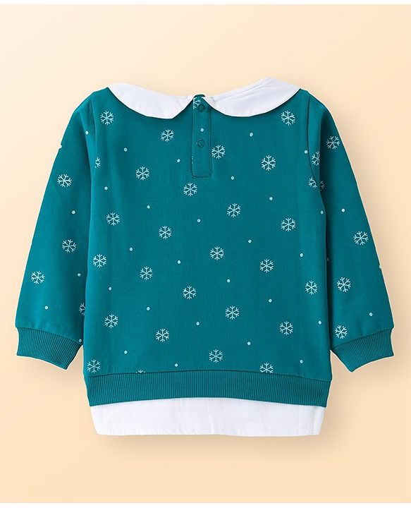 Babyhug Knit Full Sleeves Sweatshirt With Santa Claus Graphics & Peter Pan Collar - Teal