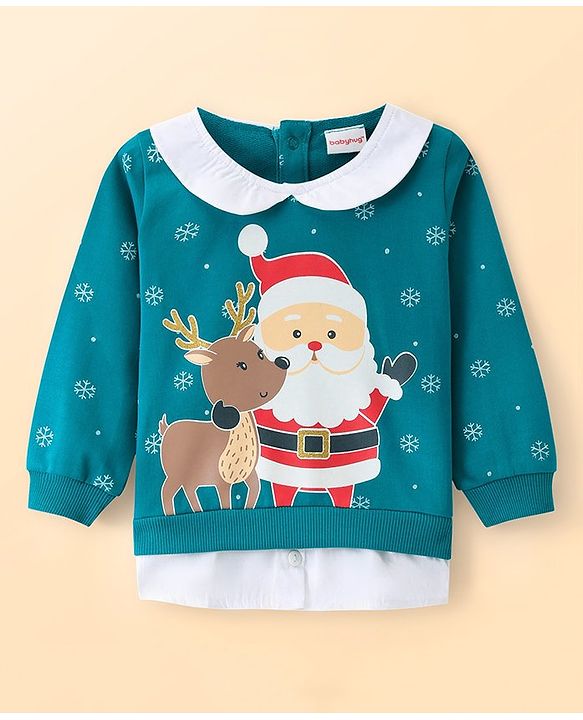 Babyhug Knit Full Sleeves Sweatshirt With Santa Claus Graphics & Peter Pan Collar - Teal