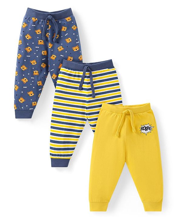 Babyhug Cotton Knit Full Length Striped & Tiger Printed Lounge Pants Pack of 3 - Navy Blue & Yellow