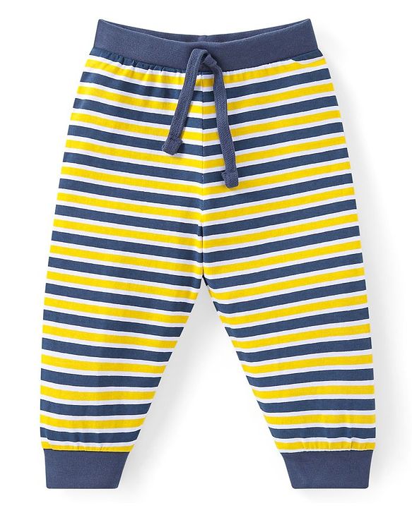 Babyhug Cotton Knit Full Length Striped & Tiger Printed Lounge Pants Pack of 3 - Navy Blue & Yellow