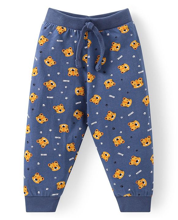 Babyhug Cotton Knit Full Length Striped & Tiger Printed Lounge Pants Pack of 3 - Navy Blue & Yellow