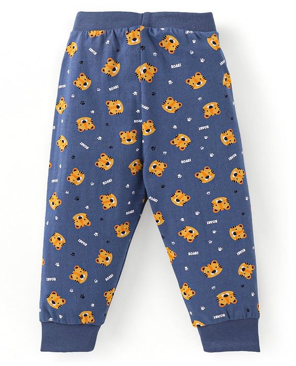 Babyhug Cotton Knit Full Length Striped & Tiger Printed Lounge Pants Pack of 3 - Navy Blue & Yellow