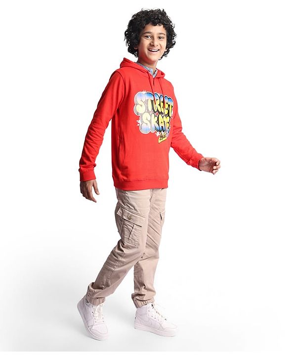 Pine Kids Cotton Knitted Full Sleeves Hooded Sweatshirt With Text Print - Red