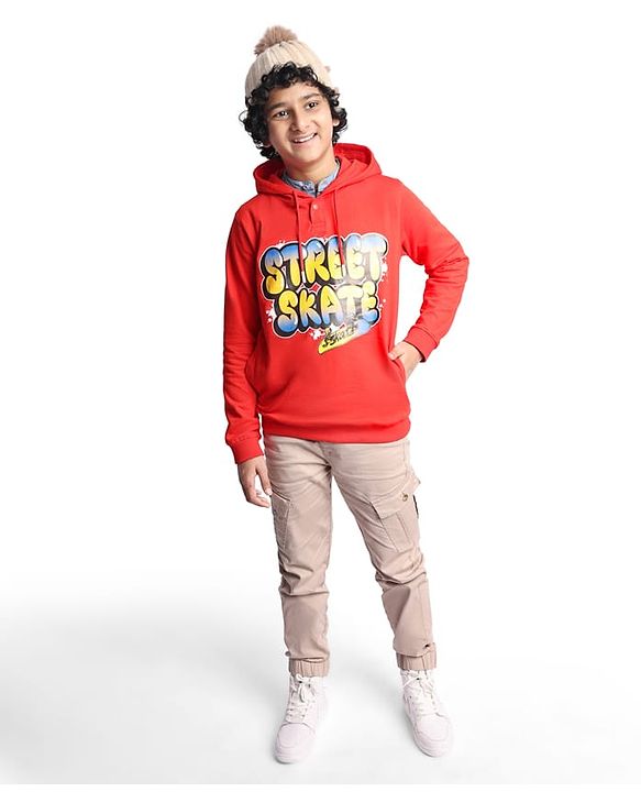 Pine Kids Cotton Knitted Full Sleeves Hooded Sweatshirt With Text Print - Red