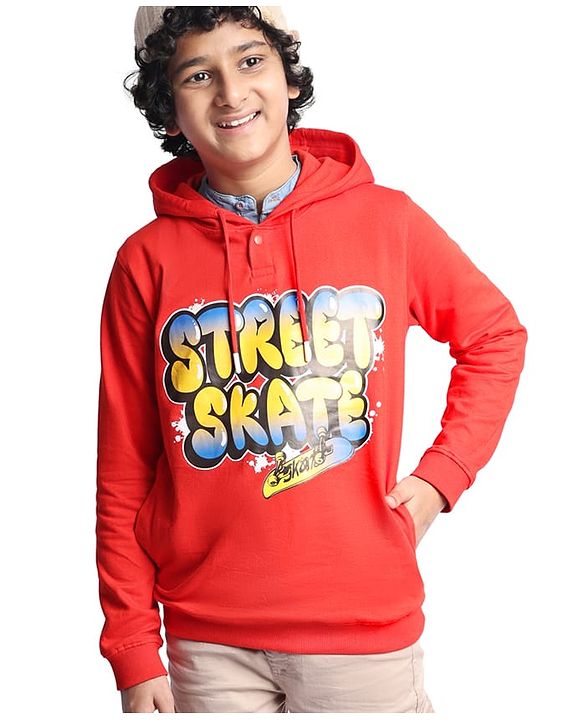 Pine Kids Cotton Knitted Full Sleeves Hooded Sweatshirt With Text Print - Red