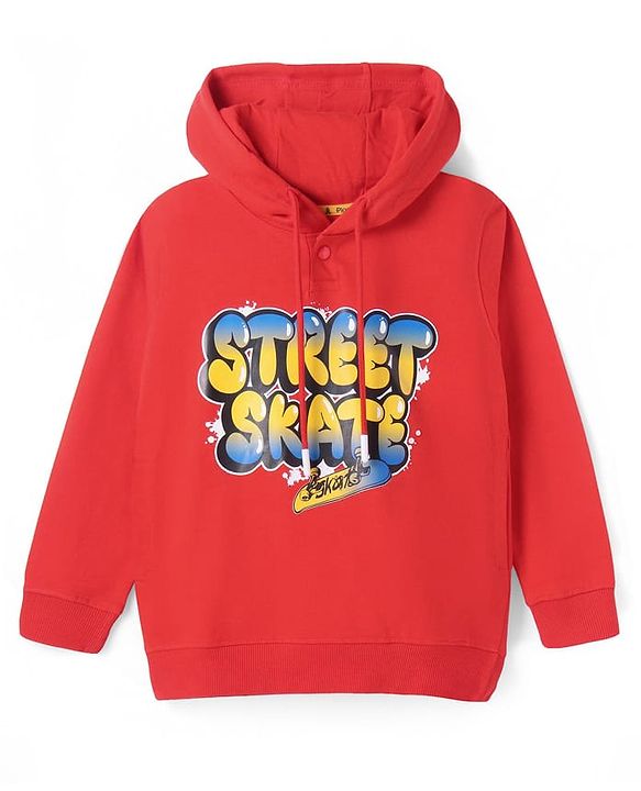 Pine Kids Cotton Knitted Full Sleeves Hooded Sweatshirt With Text Print - Red