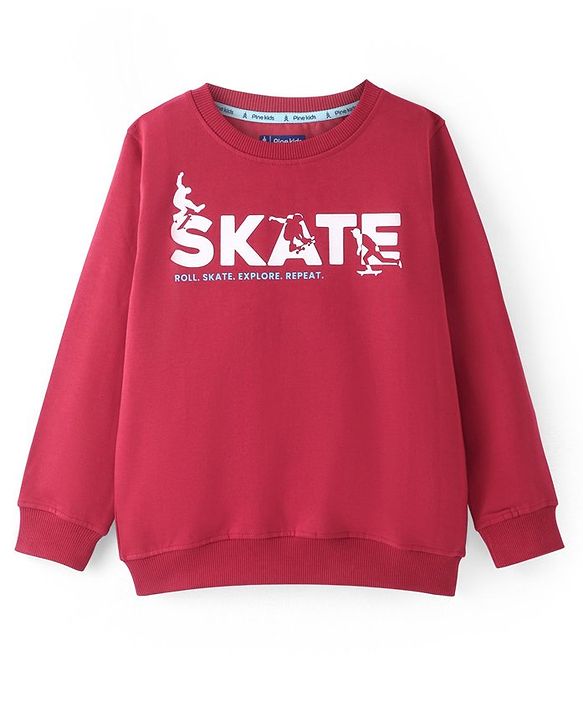 Pine Kids Knit Full Sleeves Sweatshirt Text Print - Red