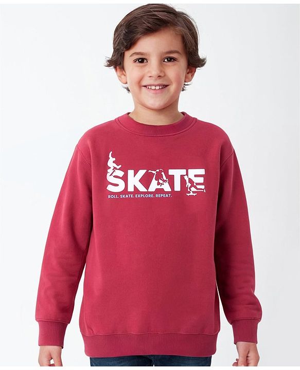 Pine Kids Knit Full Sleeves Sweatshirt Text Print - Red