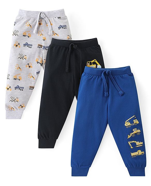 Babyhug Cotton Knit Full Length Lounge Pants with Vehicle Print Pack of 3 - Multicolour