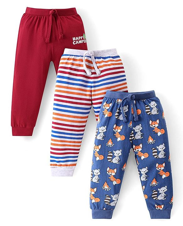 Babyhug Cotton Knit Full Length Lounge Pants with Stripes & Fox Print Pack of 3 - Maroon Grey & Blue